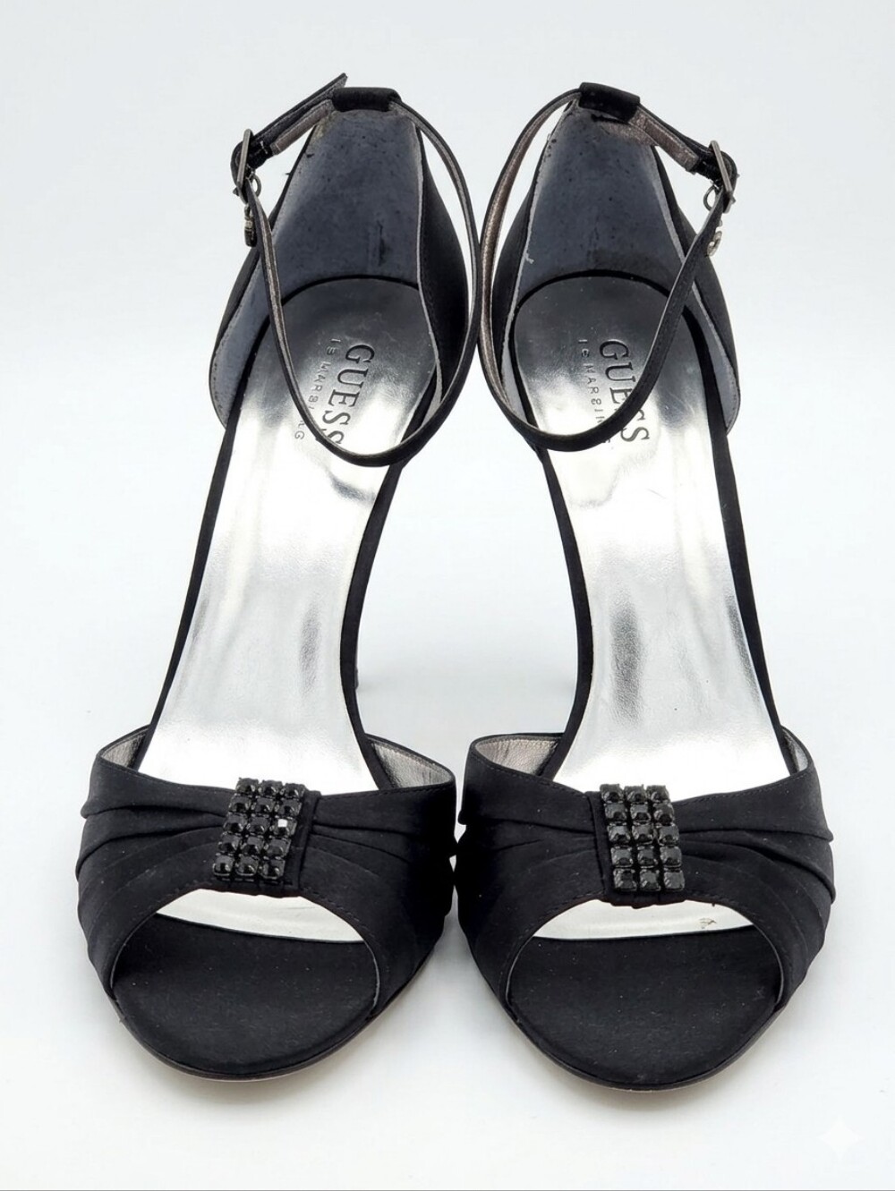 Guess by Marciano Black Satin Stiletto Heels Rhinestone Open Toe Ankle Strap 8